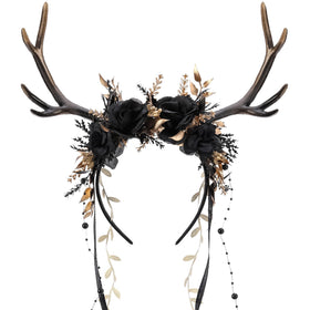 MOSTORY Black Flower Reindeer Headpiece with dark antlers and vine tassels for gothic cosplay