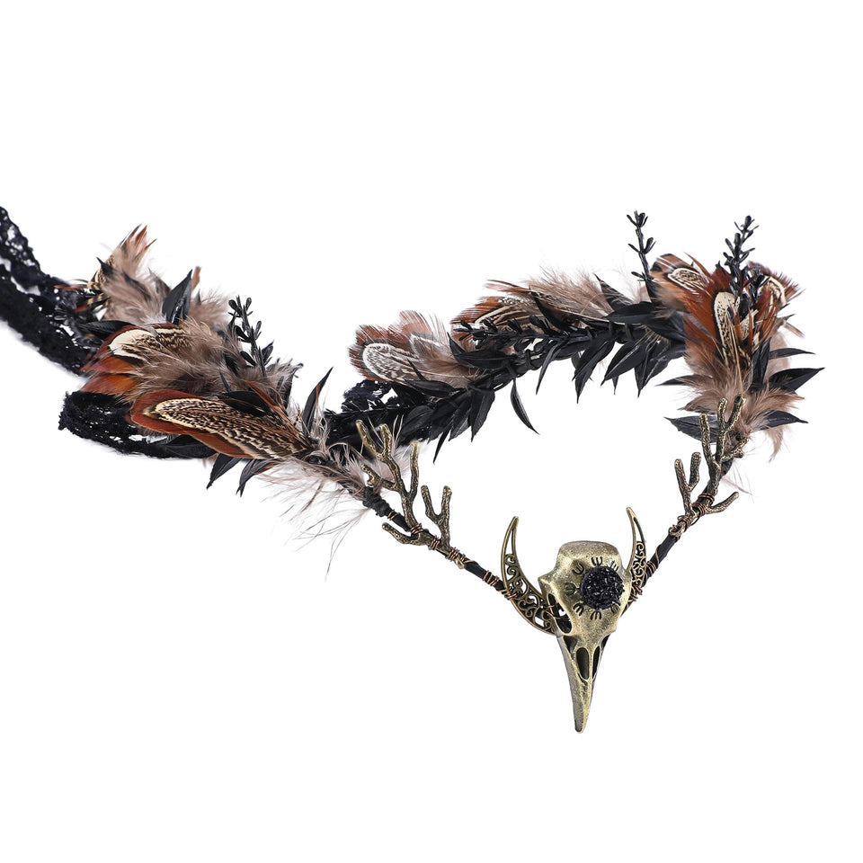 Mostory Brown Feather Witch Crown front view for cosplay and gothic elegance.