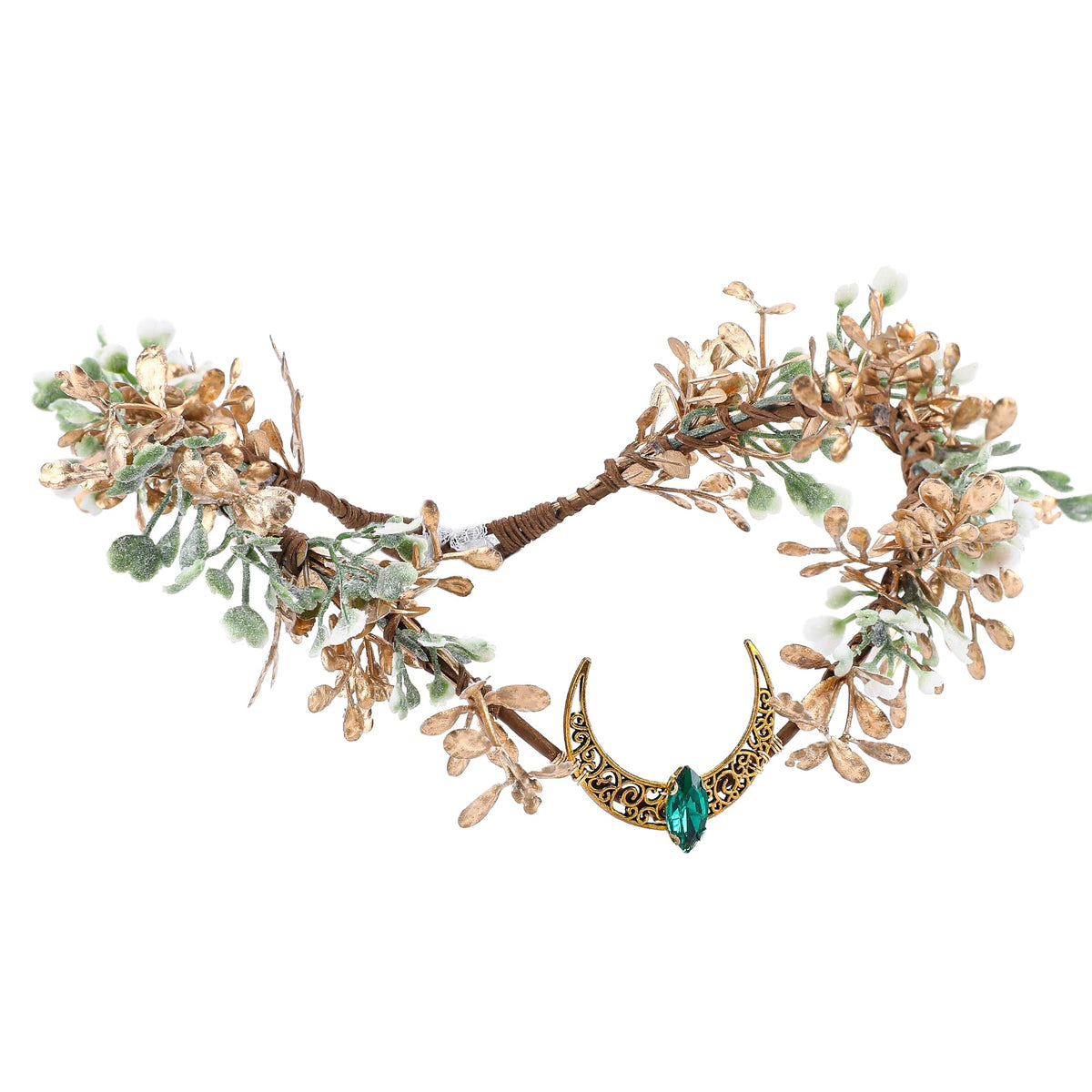 MOSTORY Gold Flower Moon Headpiece with a V-shaped design for an ethereal fairy look.