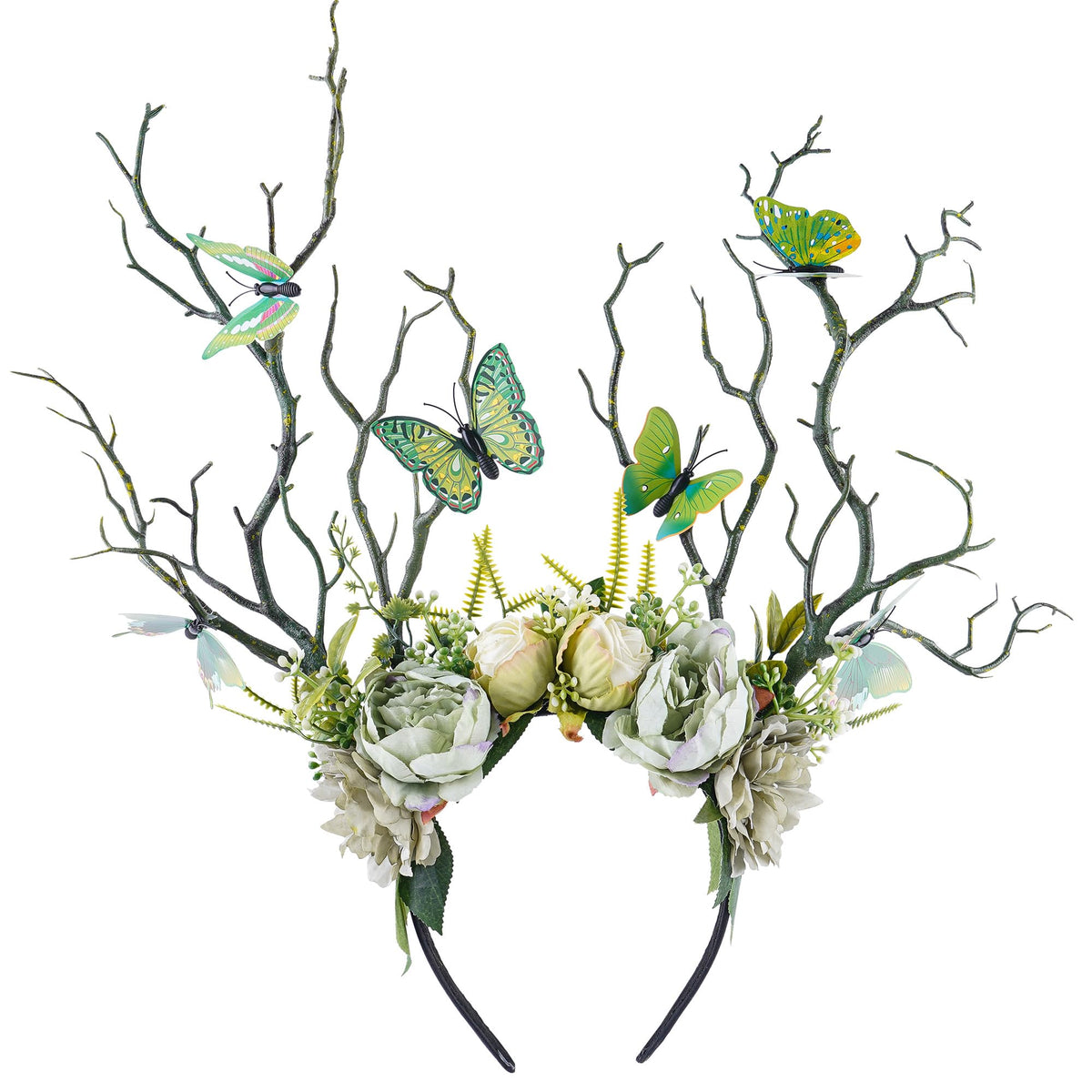 MOSTORY Green Flower Branch Headband closeup showcases delicate artificial flowers for woodland cosplay.
