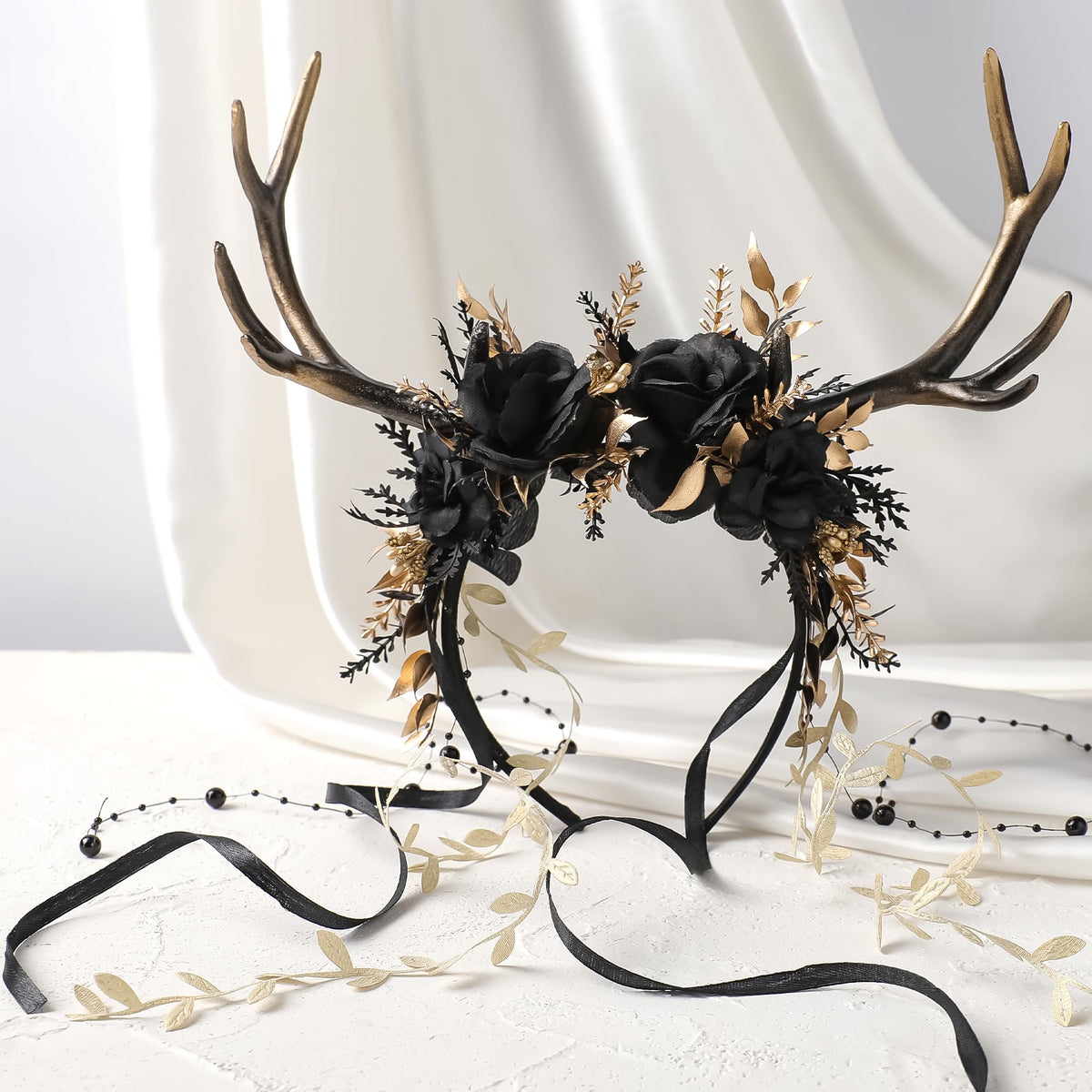 MOSTORY Black Flower Reindeer Headpiece ideal for Renaissance fairs and cosplay