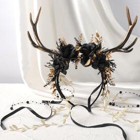 MOSTORY Black Flower Reindeer Headpiece ideal for Renaissance fairs and cosplay