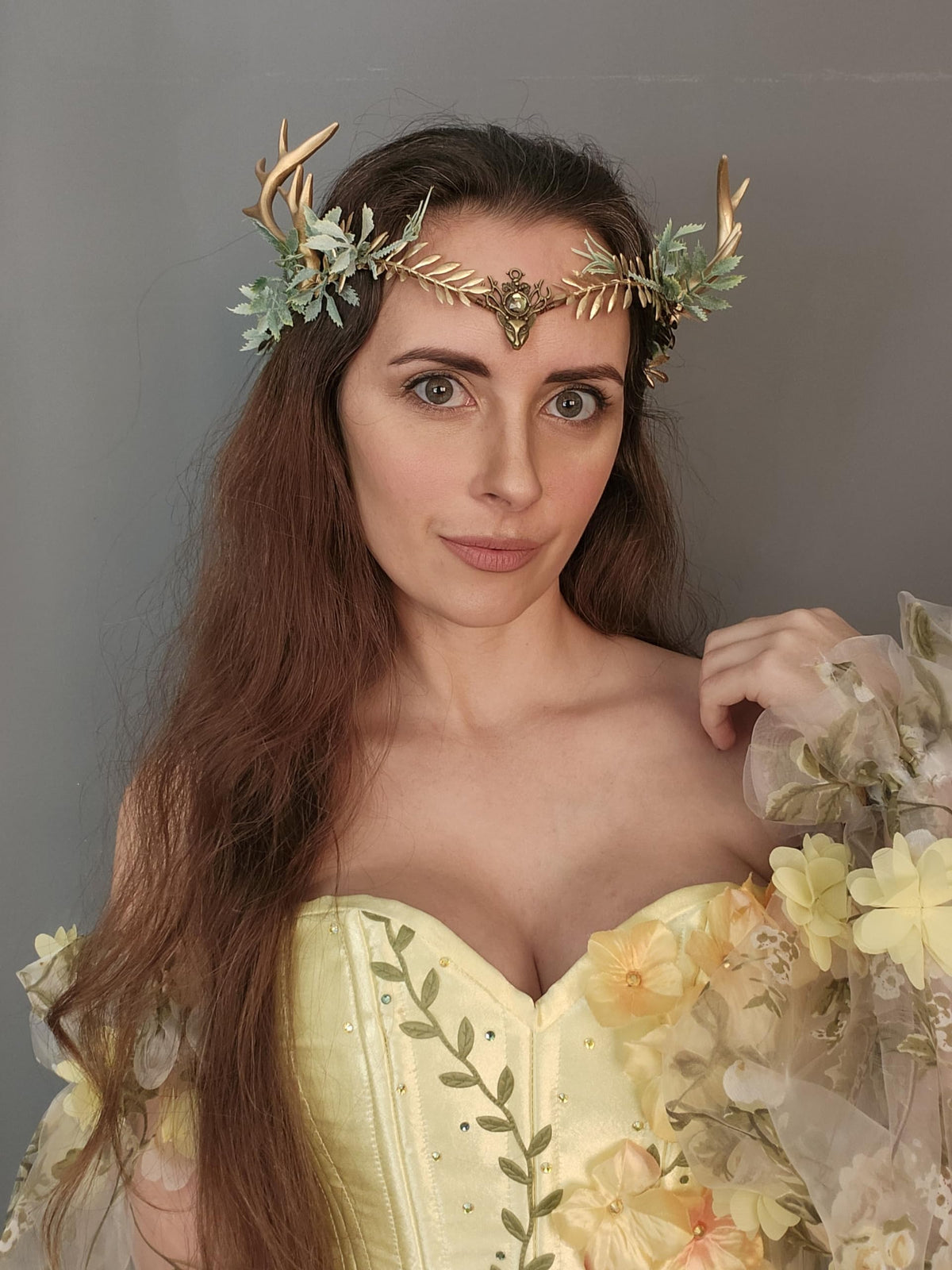 MOSTORY woodland gold antler crown detail closeup, showcasing handmade craftsmanship