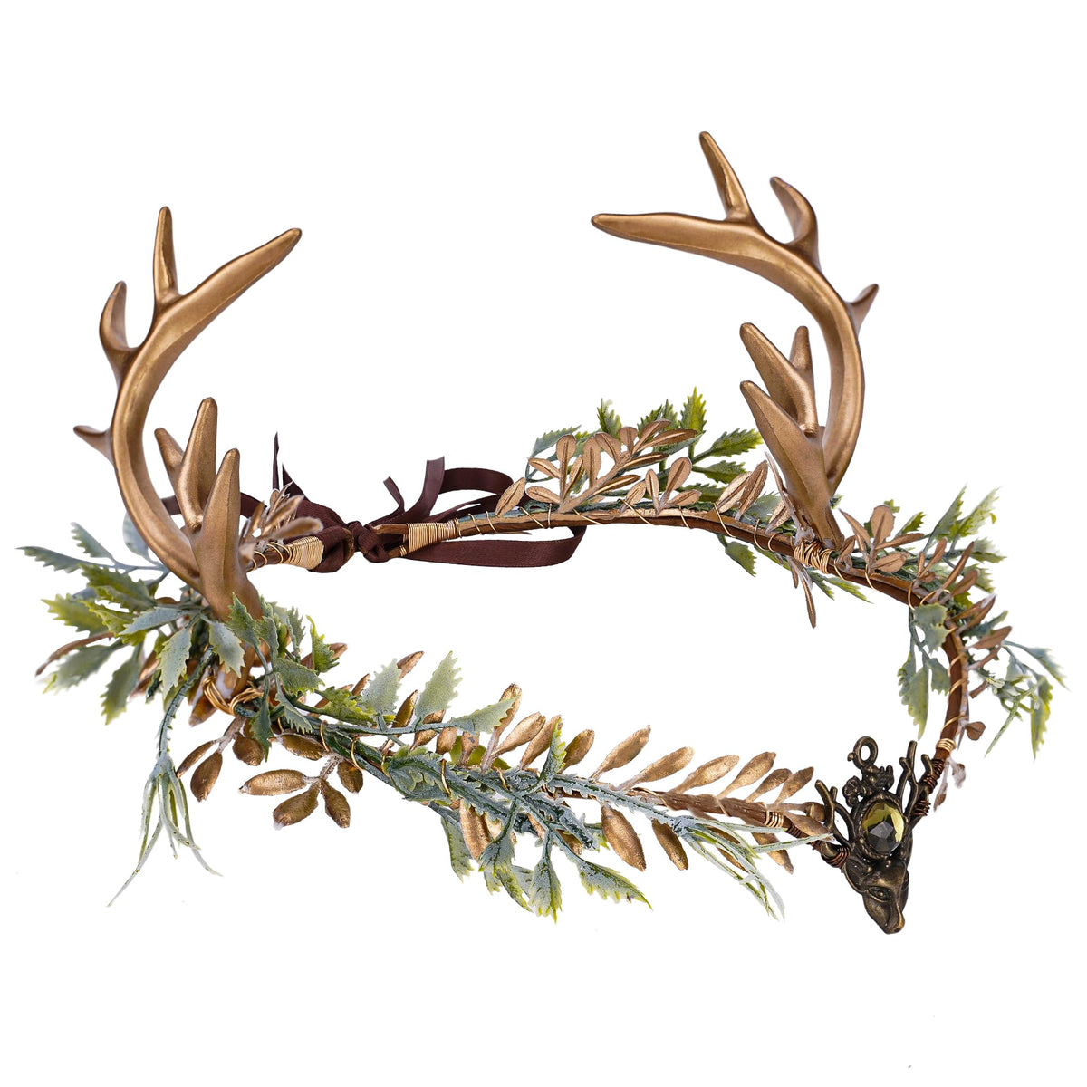 MOSTORY woodland gold antler crown on display, ideal for fairy cosplay and photos