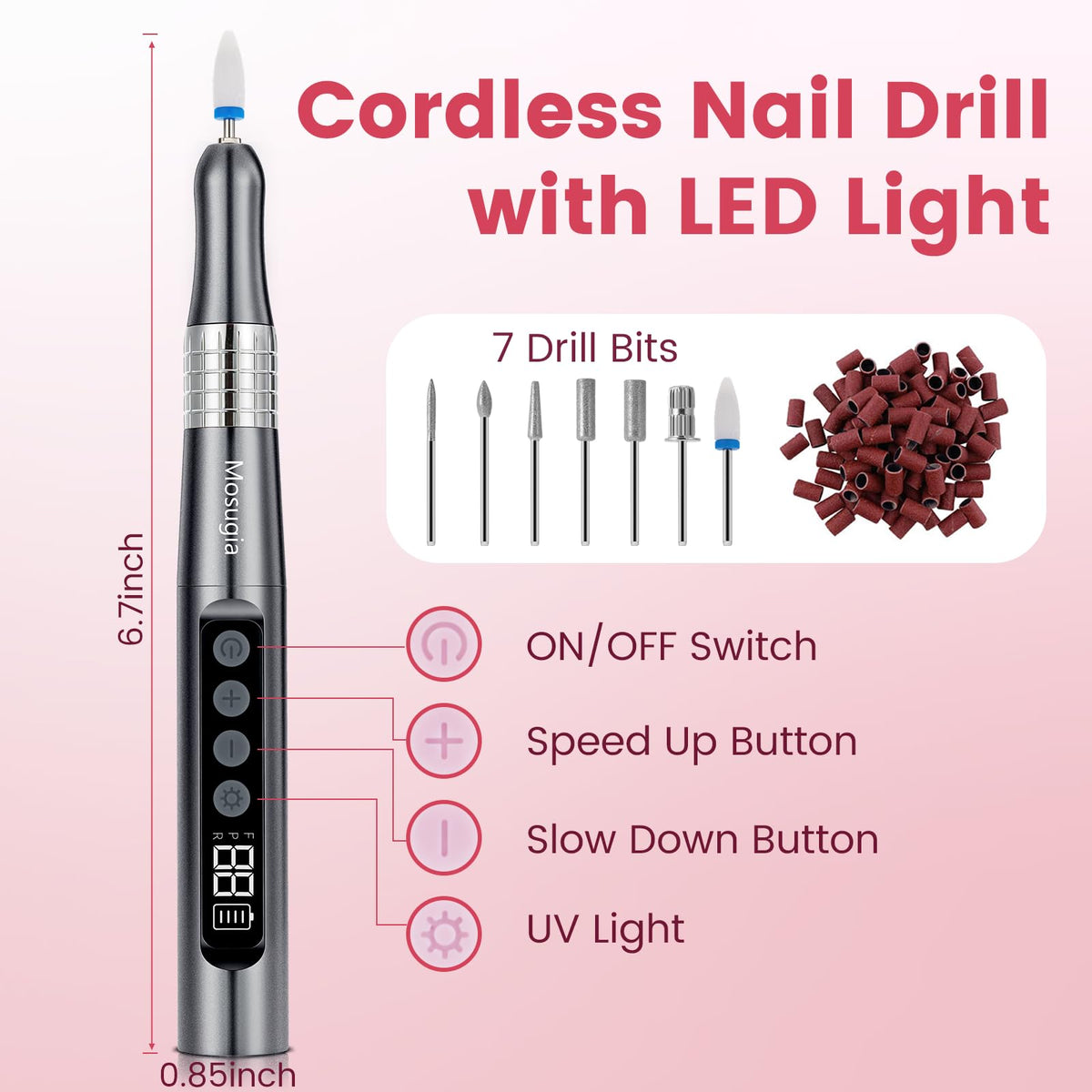 Ergonomic Mosugia design shown for comfortable, precise manicures anywhere.