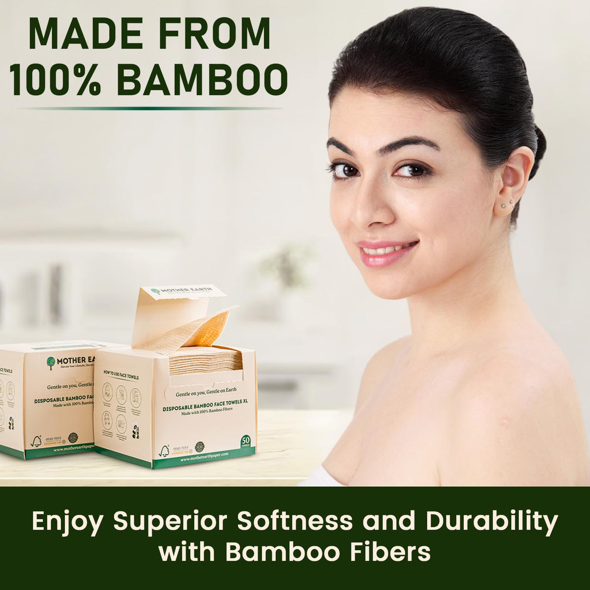 Mother Earth Bamboo Face Towels XL 50 towels pack highlighting bulk convenience.