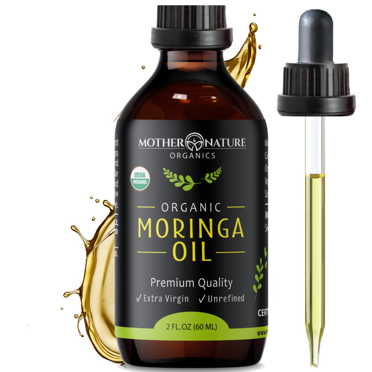 Mother Nature Organics Moringa Oil bottle for daily facial hydration.