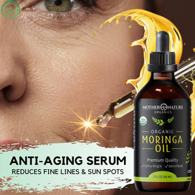 Mother Nature Organics Moringa Oil dropper close-up for nourishing skin.
