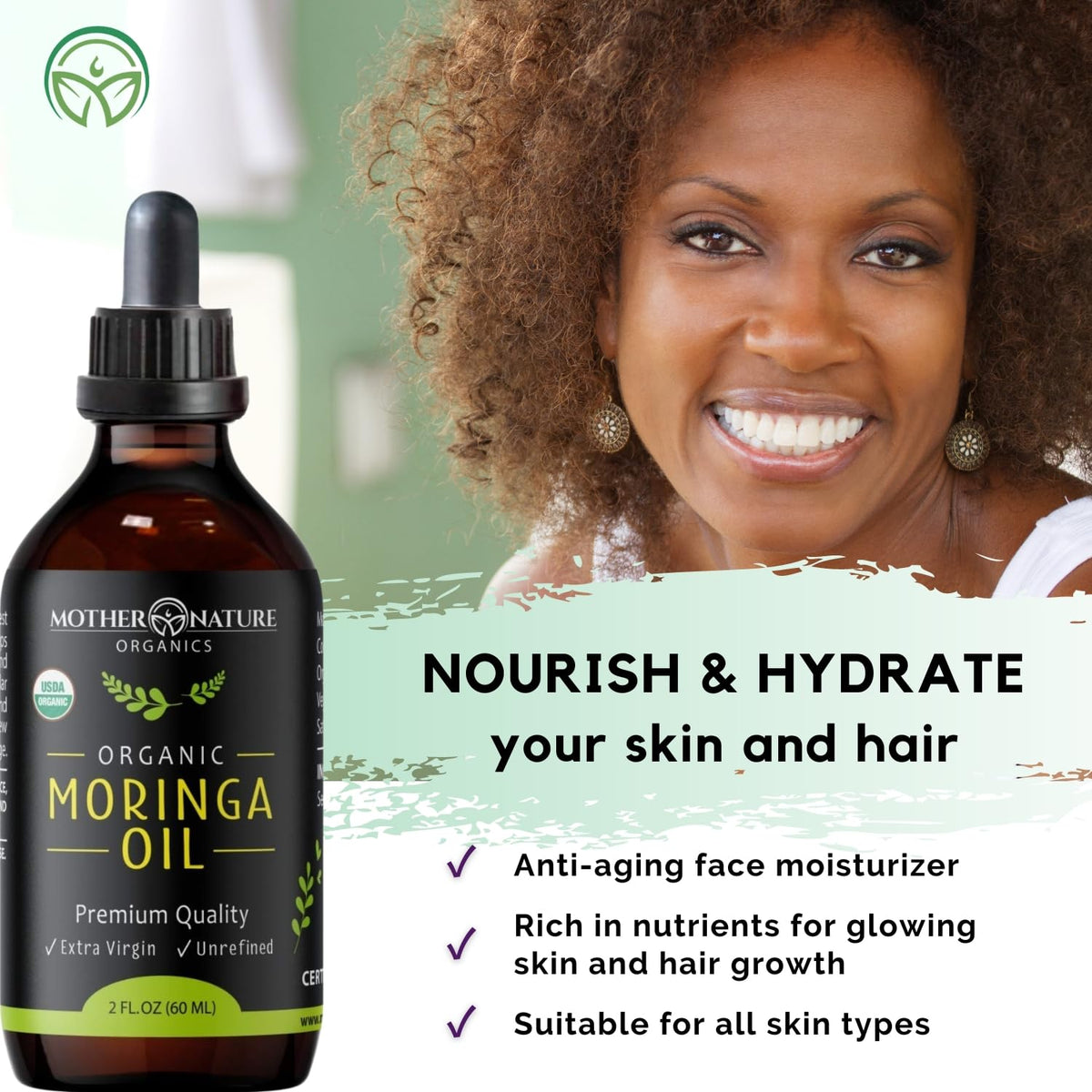Mother Nature Organics Moringa Oil hair application for moisture and shine.