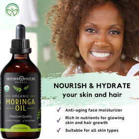 Mother Nature Organics Moringa Oil hair application for moisture and shine.