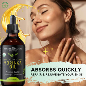 Mother Nature Organics Moringa Oil ingredient close-up highlighting antioxidants.