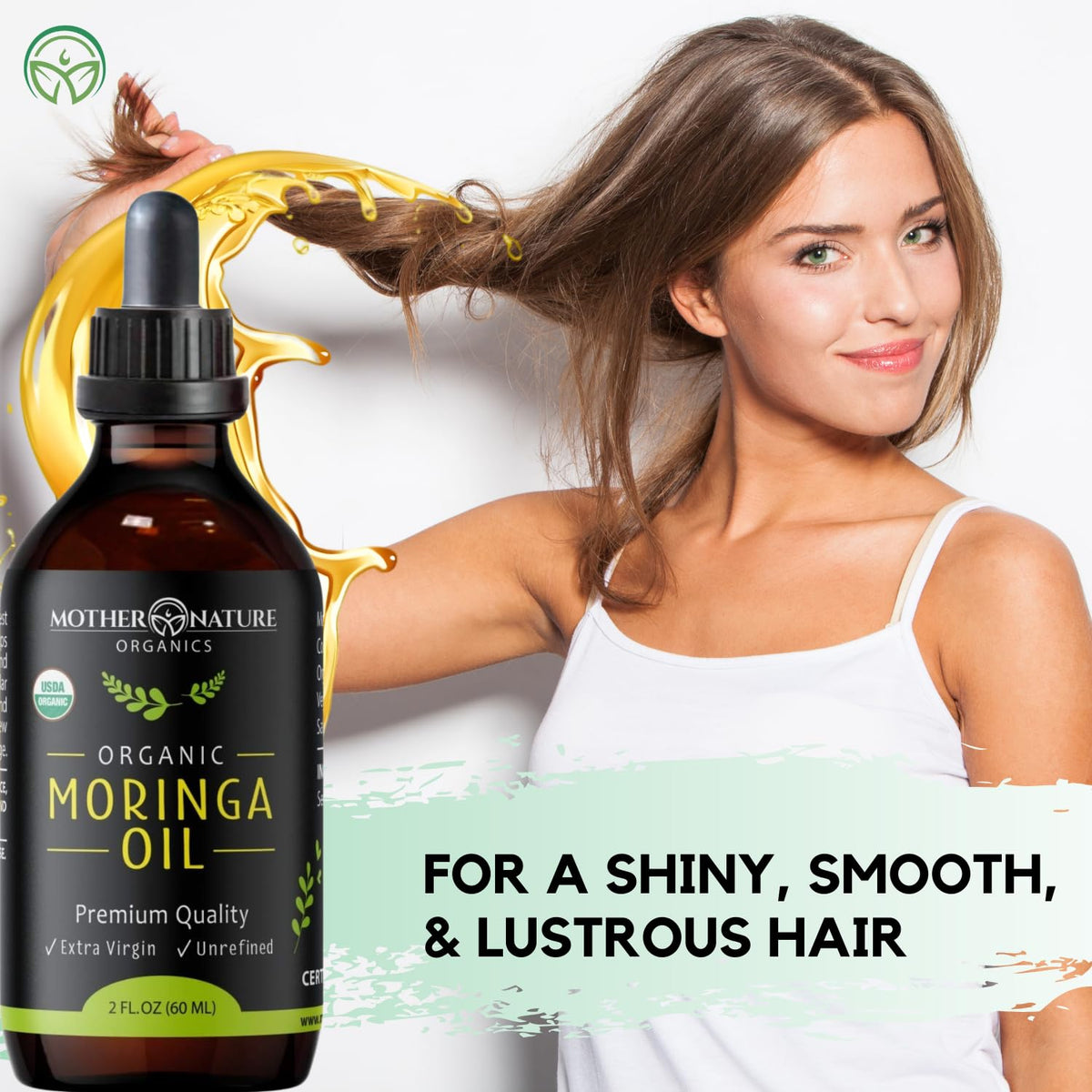 Mother Nature Organics Moringa Oil label display emphasizing organic purity.