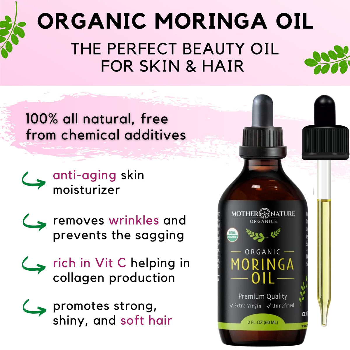 Mother Nature Organics Moringa Oil packaging with eco-friendly design.