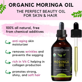 Mother Nature Organics Moringa Oil packaging with eco-friendly design.