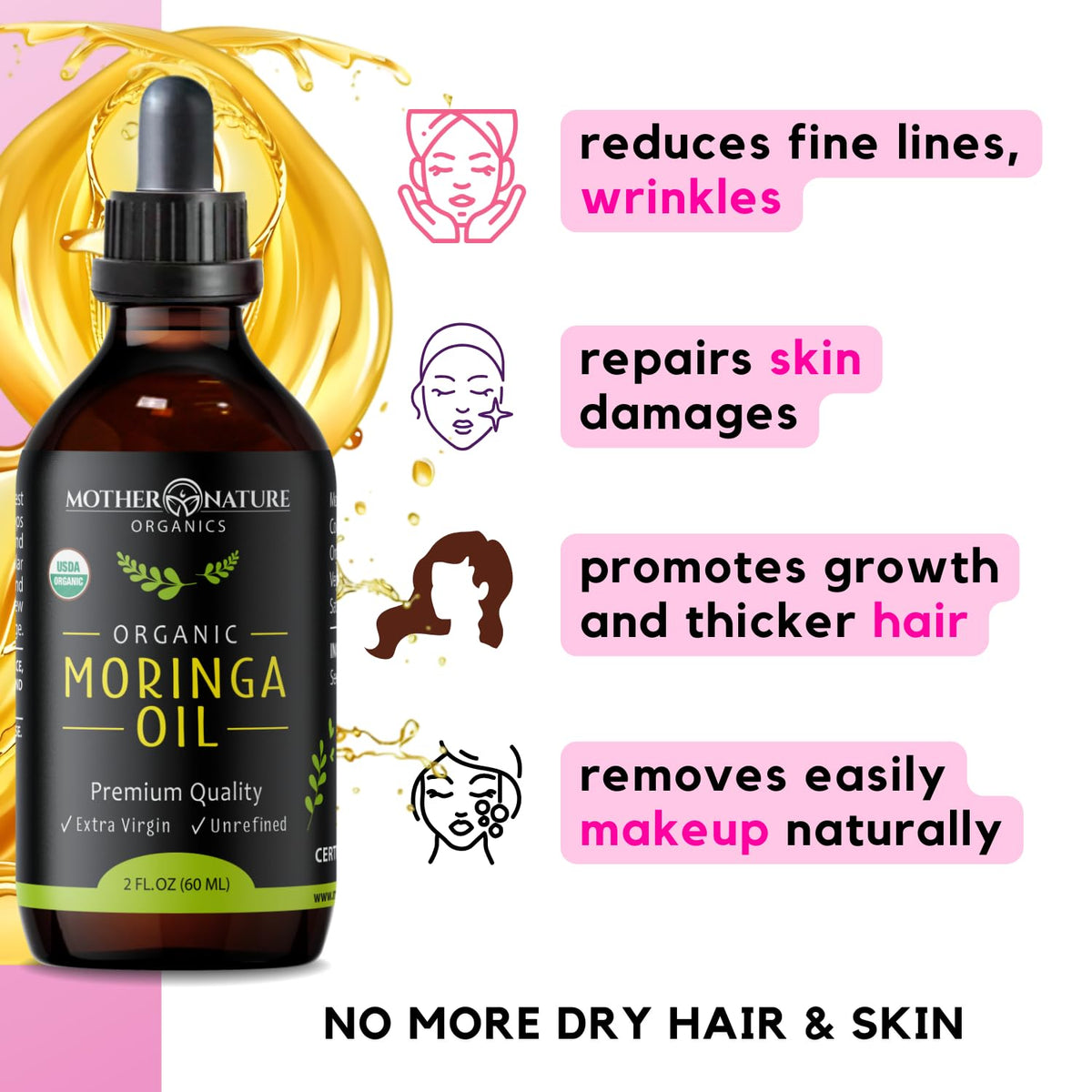 Mother Nature Organics Moringa Oil skin application close-up nourishing texture.