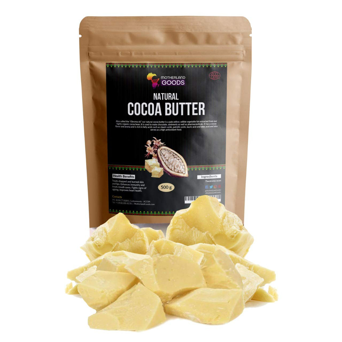 Motherland Goods cocoa butter chunks for organic moisture on sensitive skin.