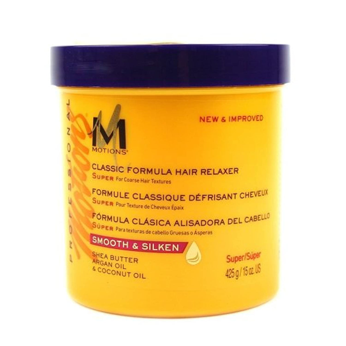 Motions Professional Hair Relaxer Smooth and Silken Super bottle front for salon-grade smoothing