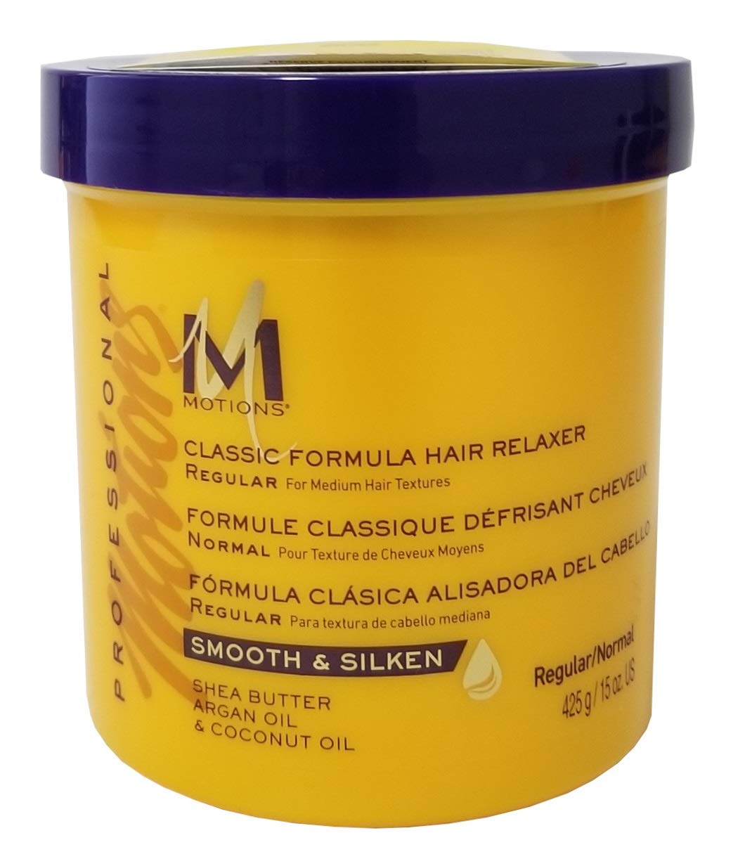 Motions Smooth and Straighten relaxer bottle closeup showing regular formula for sleek results