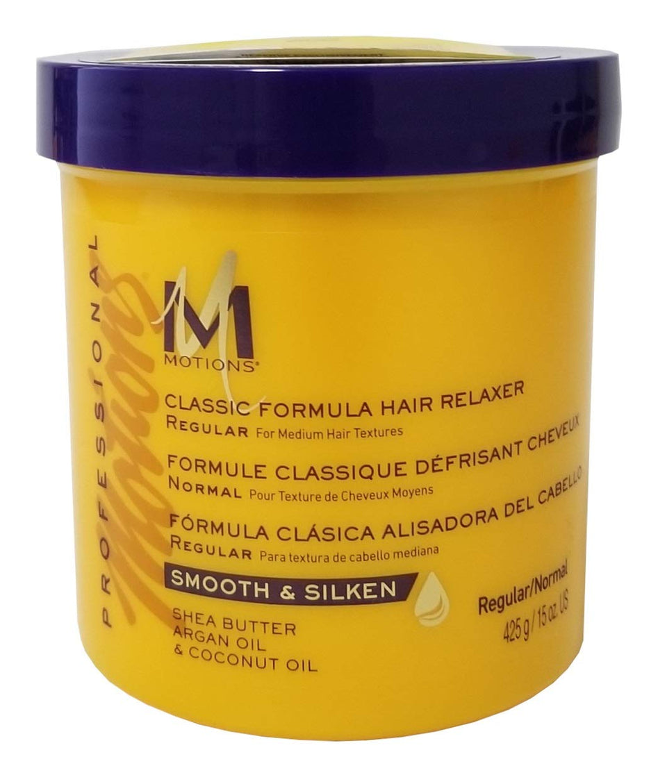 Motions Smooth and Straighten relaxer bottle closeup showing regular formula for sleek results