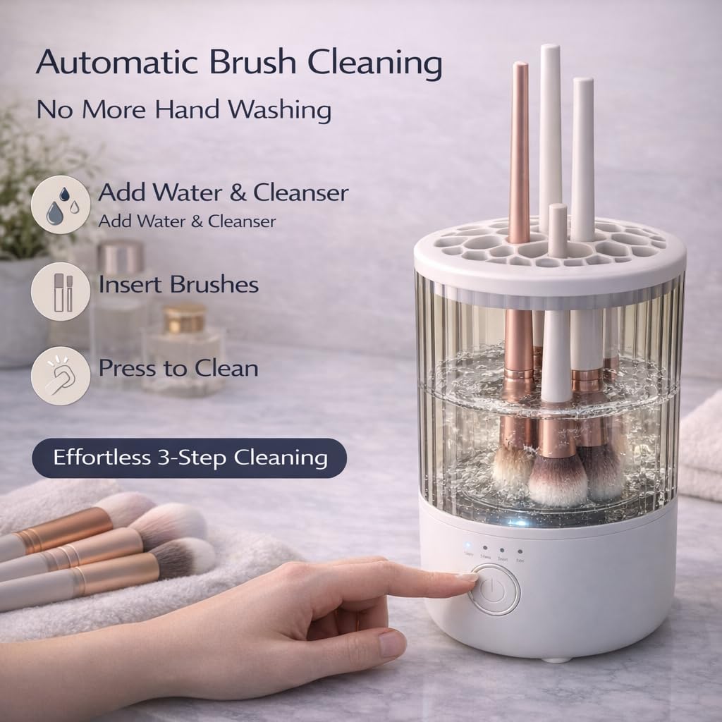 Mottinhill makeup brush cleaner automatic cleaning action demonstrates hands-free brush care