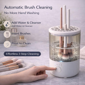 Mottinhill makeup brush cleaner automatic cleaning action demonstrates hands-free brush care