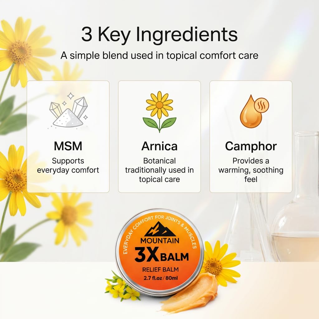 Mountain 3X MSM Balm pump bottle emphasizes easy, mess-free application.