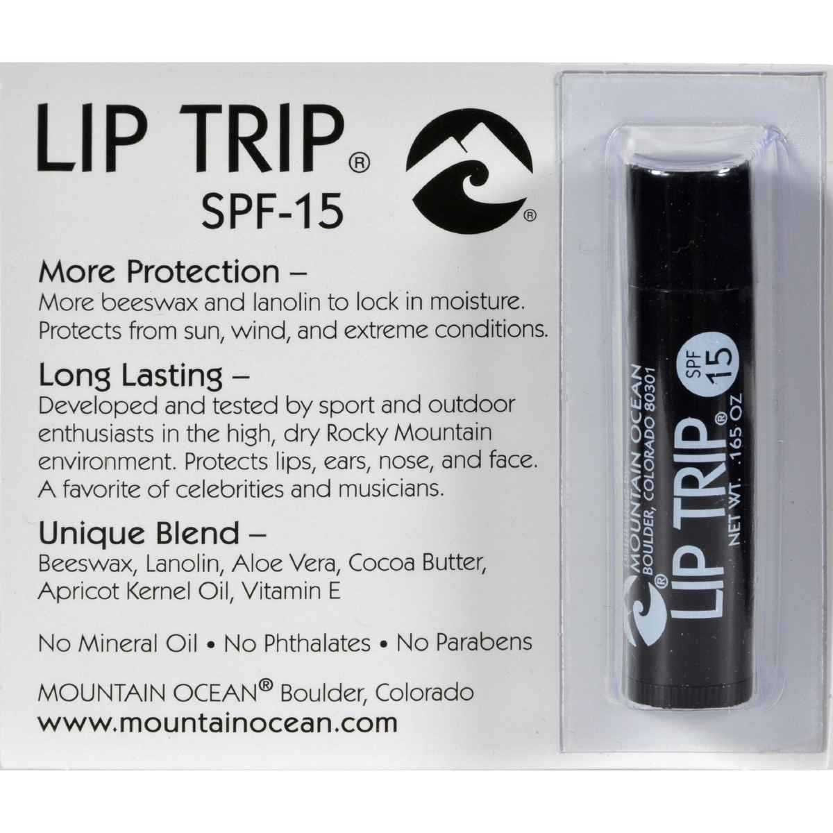 Mountain Ocean Lip Trip balm in compact case; protective lip care for sun, wind, and dry weather.