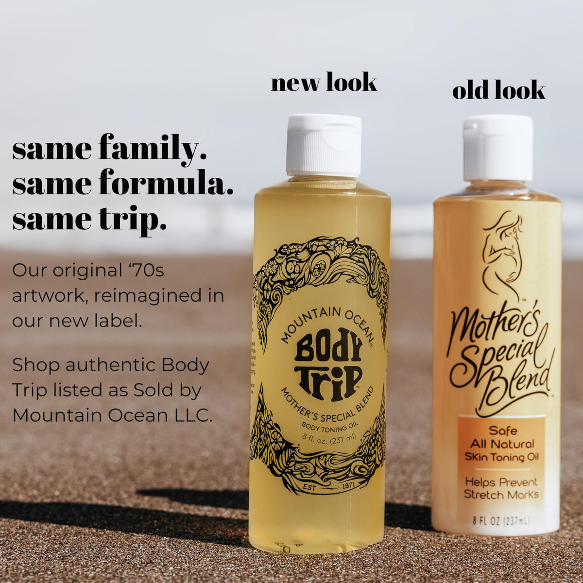 Mountain Ocean Original Body Trip label close-up shows trusted legacy and new look