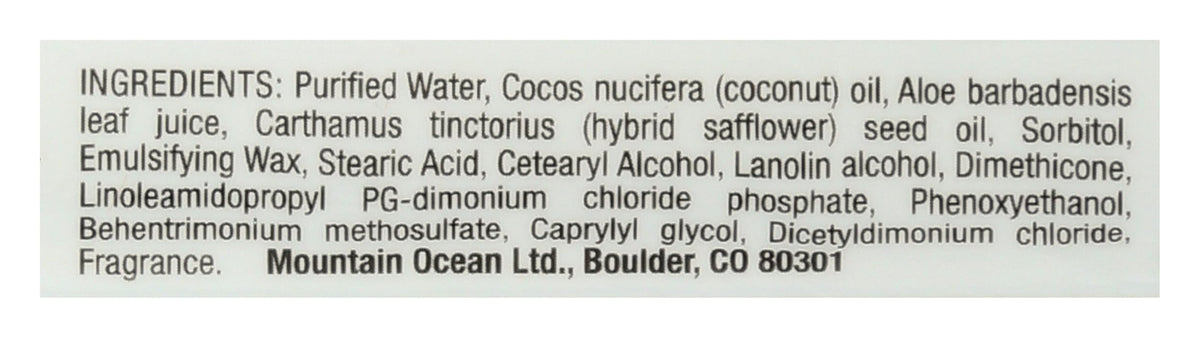Mountain Ocean Skin Trip Coconut Moisturizer ingredients panel featuring coconut oil and aloe vera