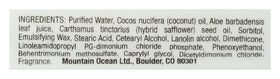 Mountain Ocean Skin Trip Coconut Moisturizer ingredients panel featuring coconut oil and aloe vera