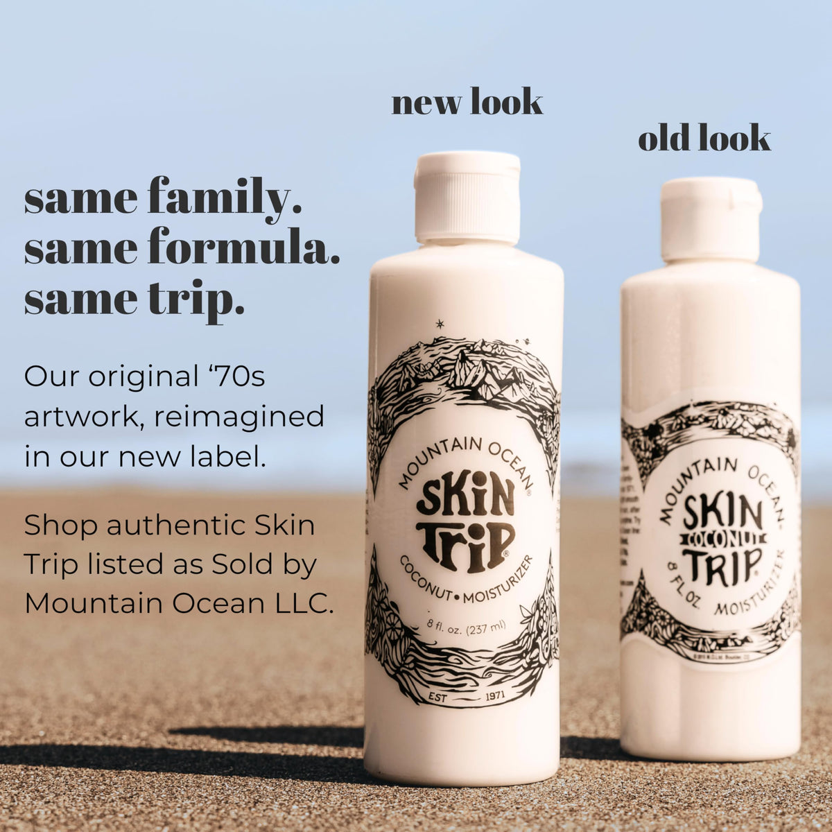 Mountain Ocean Skin Trip label closeup with refreshed look and formula