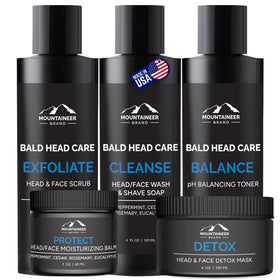 Mountaineer Brand Bald Head Care Bundle closeup, premium gift-ready packaging for him