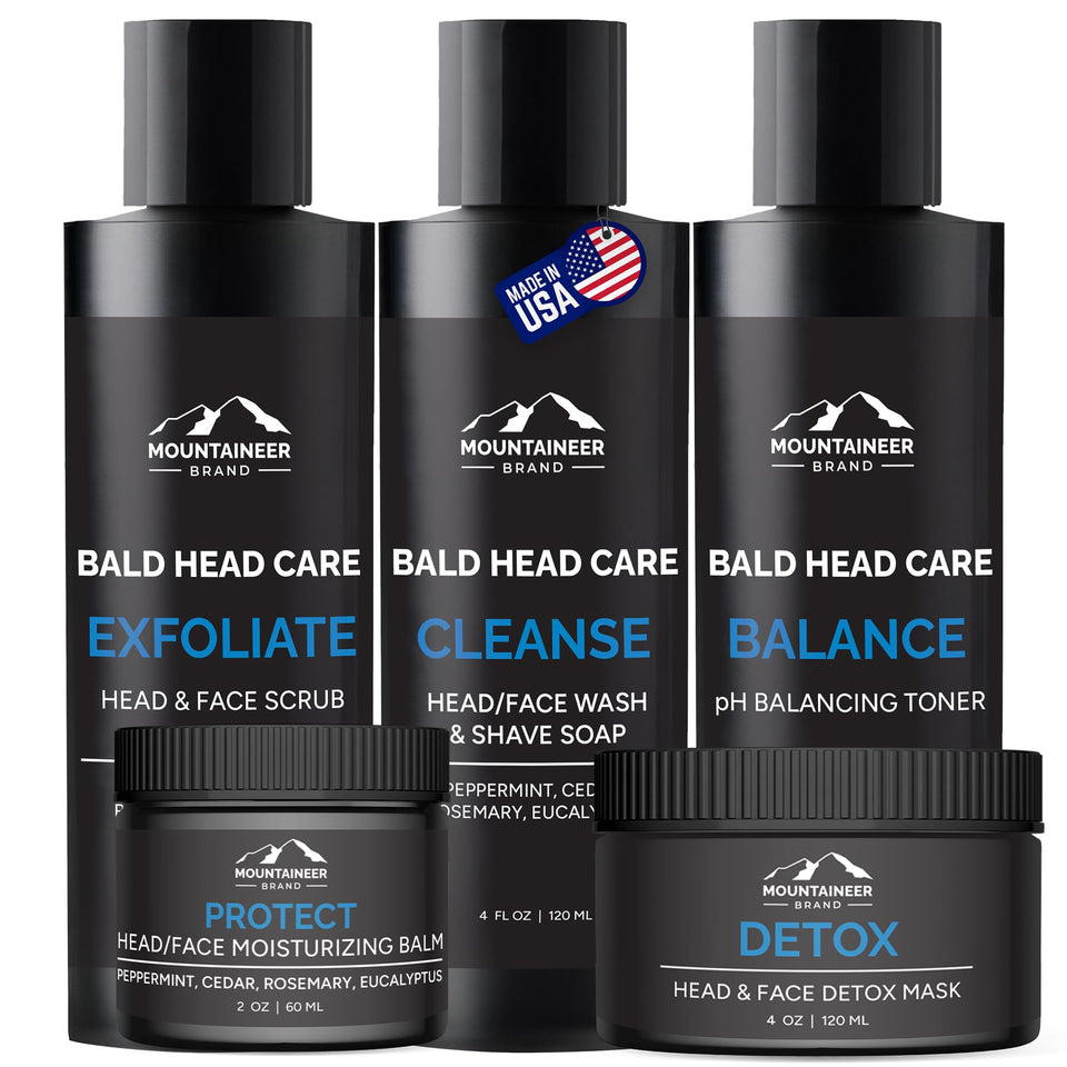 Mountaineer Brand Bald Head Care Bundle closeup, premium gift-ready packaging for him