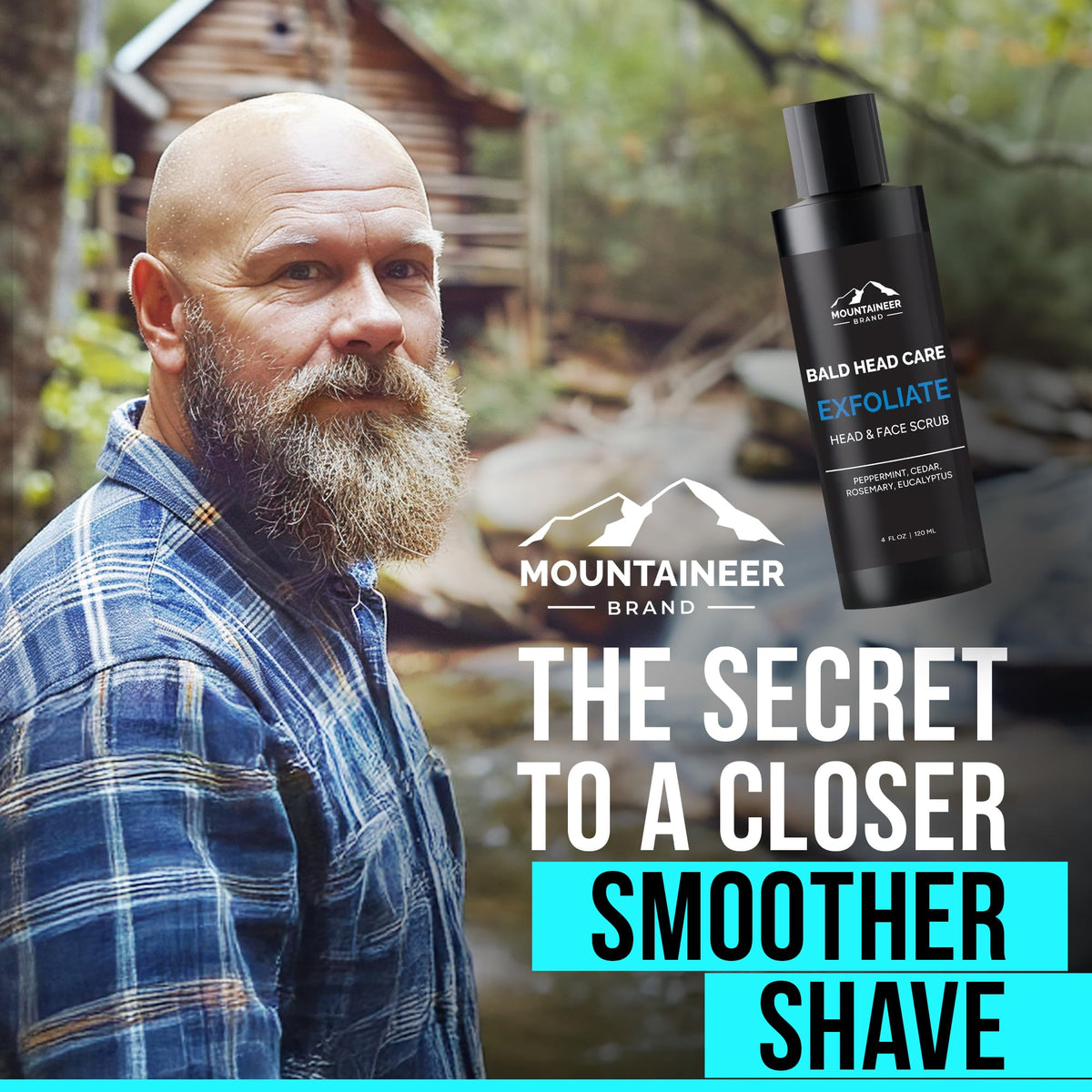 Mountaineer Brand Bald Head Exfoliator application on skin demonstrates soothing exfoliation.