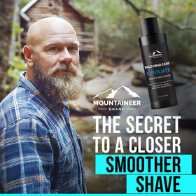 Mountaineer Brand Bald Head Exfoliator application on skin demonstrates soothing exfoliation.