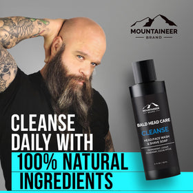 Mountaineer Brand Bald Head Exfoliator shaving soap display suggests 2-in-1 use.