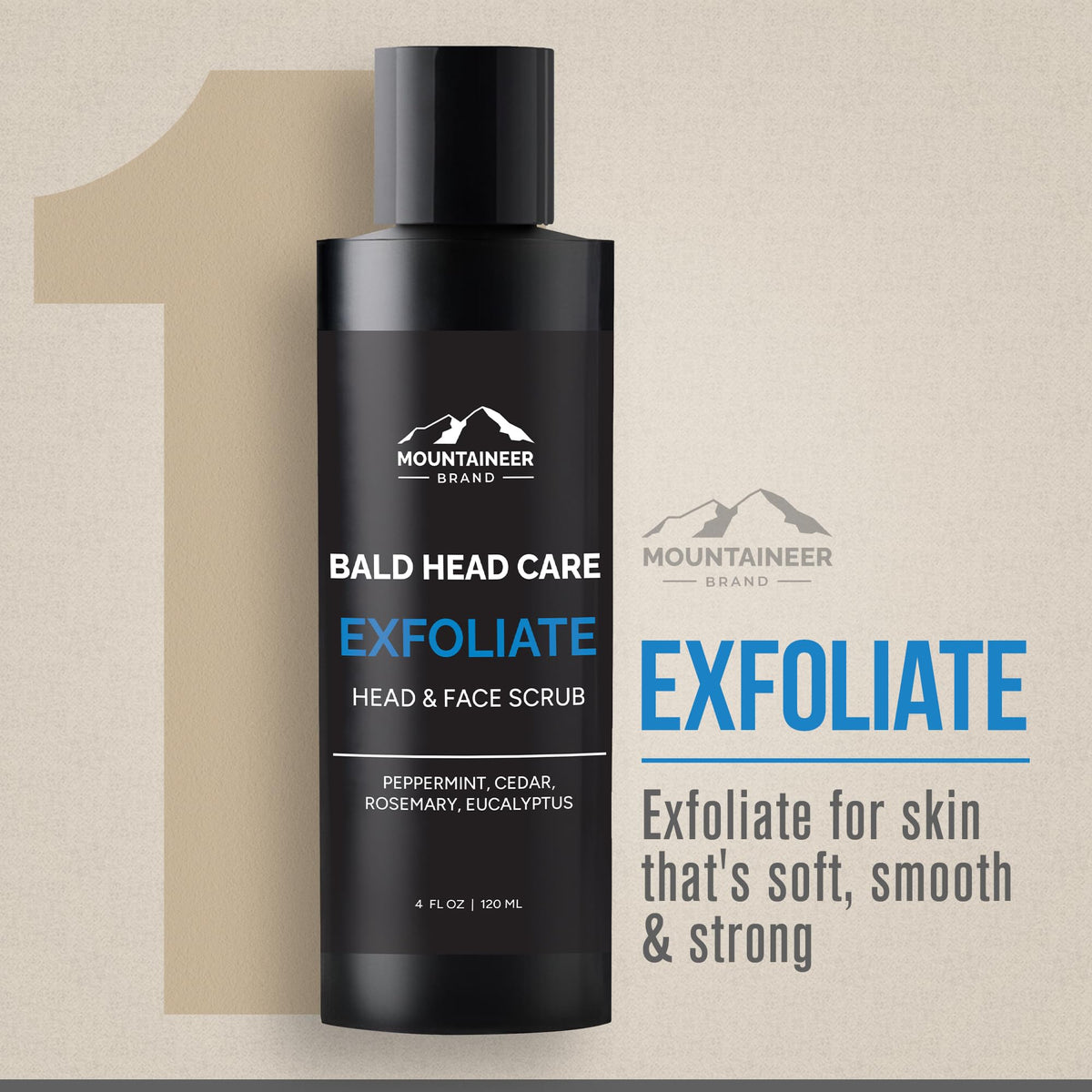Mountaineer Brand Bald Head Exfoliator texture closeup highlights natural exfoliants for gentle cleansing.