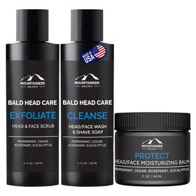 Mountaineer Brand bald head scrub jar exfoliates pores for a smoother scalp.
