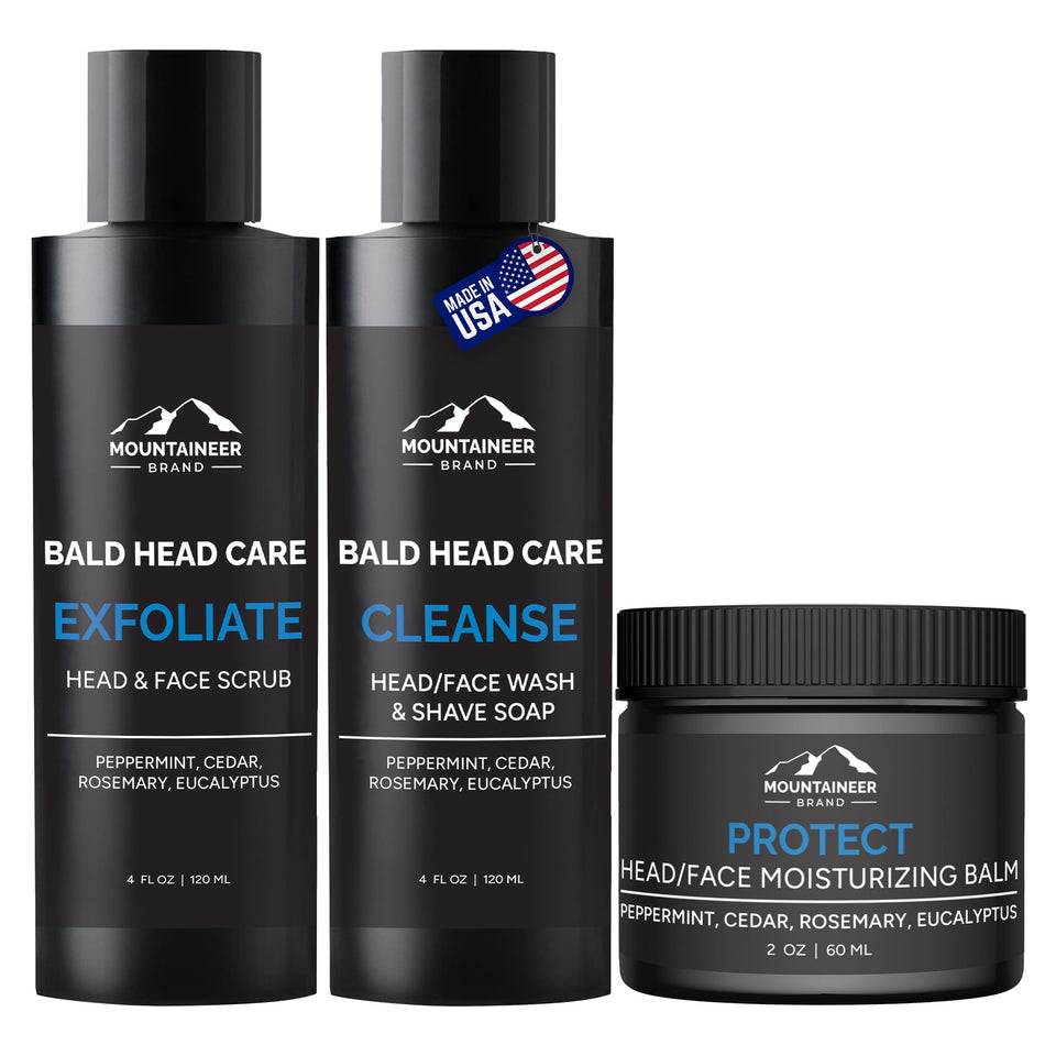Mountaineer Brand bald head scrub jar exfoliates pores for a smoother scalp.