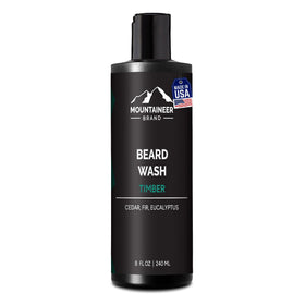 Mountaineer Brand Beard Wash bottle with timber scent for a refreshing cleanse.