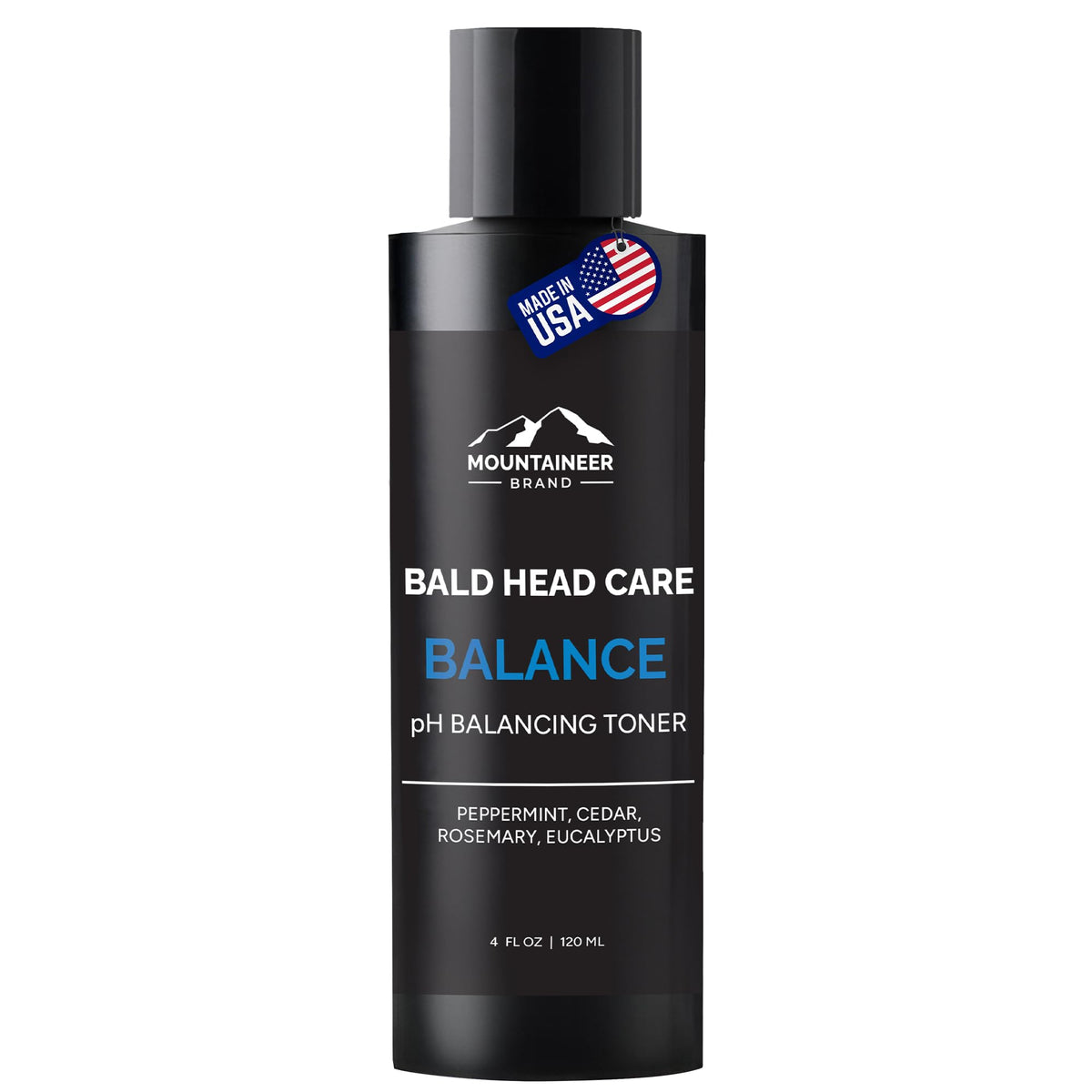 Mountaineer Brand Natural Anti Shine bottle shown to reduce scalp shine on bald head.