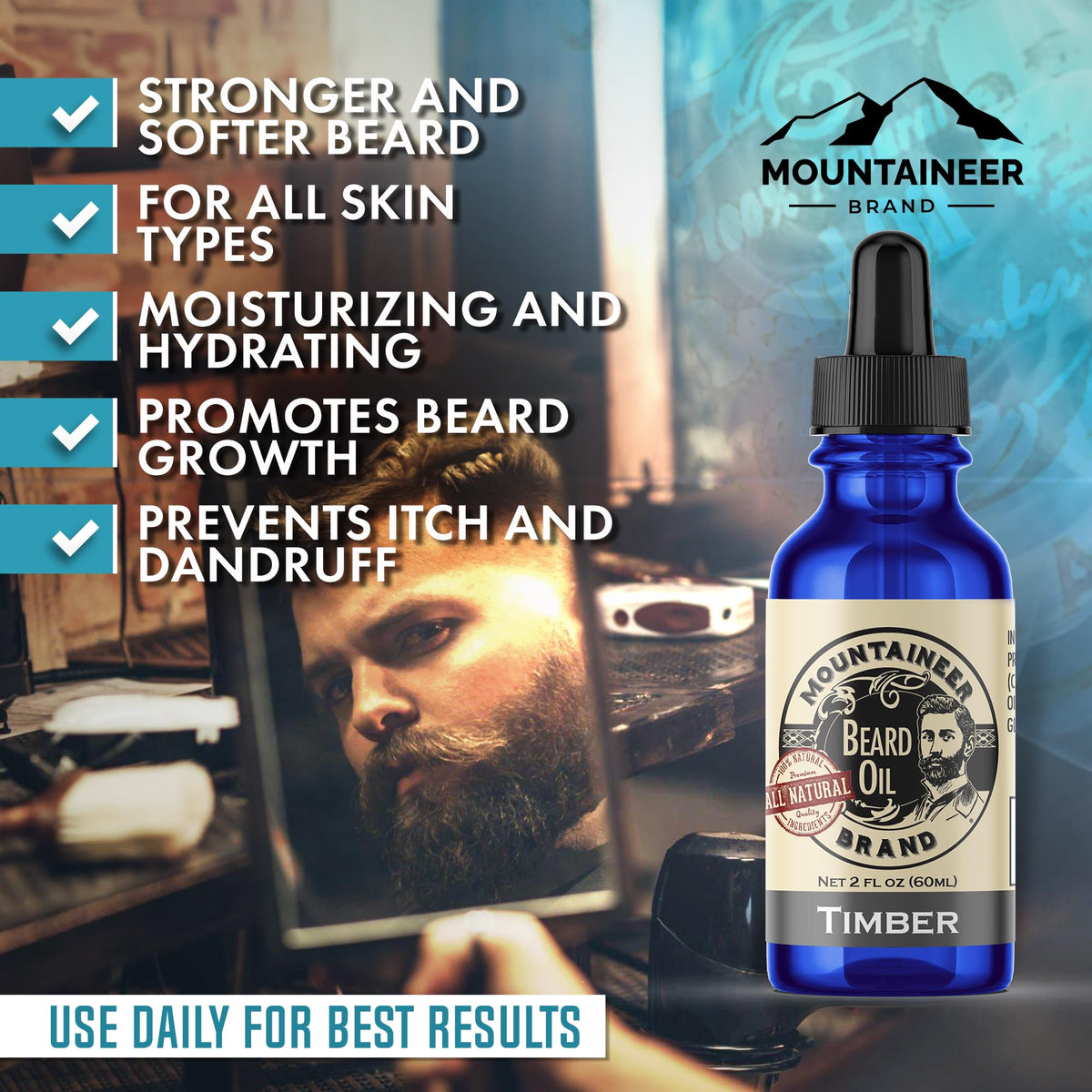 Mountaineer Brand Timber Scent Beard Oil label highlights natural ingredients.