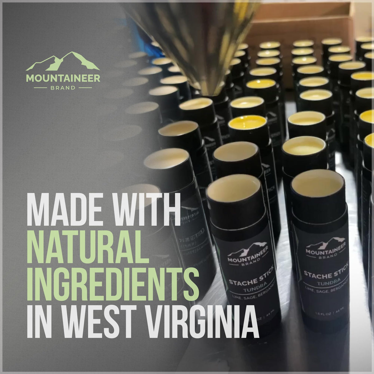 Mountaineer Brand Stache Stick natural beeswax and plant oils for conditioning.