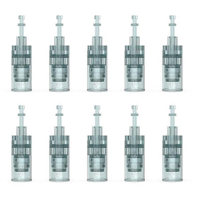 Box-open view of MPK microneedling cartridges showing organized replacement options