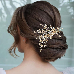 Mpoikba bride headpiece with champagne rhinestones and pearls for wedding glow
