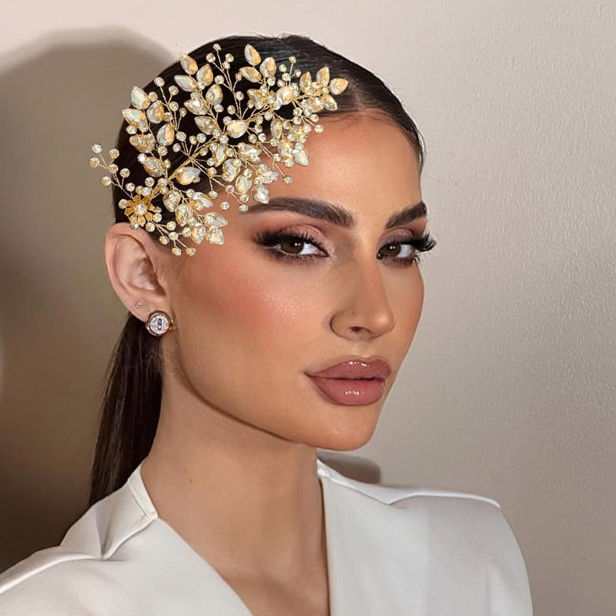 Mpoikba champagne rhinestones crown the bride with subtle warmth and shine