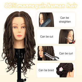 MQHIHI mannequin head shown with styling options and clamp holder for stable sessions.