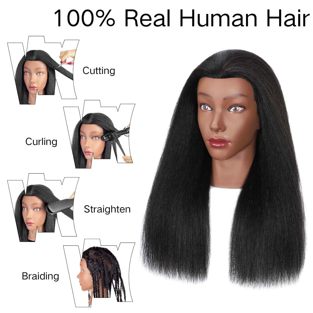 MQHIHI mannequin head 18-inch length demonstrated for versatile styling practice.