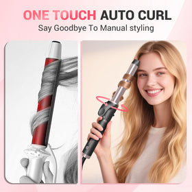 MQUPIN auto-rotating curling barrel in rose gold delivers effortless curls.