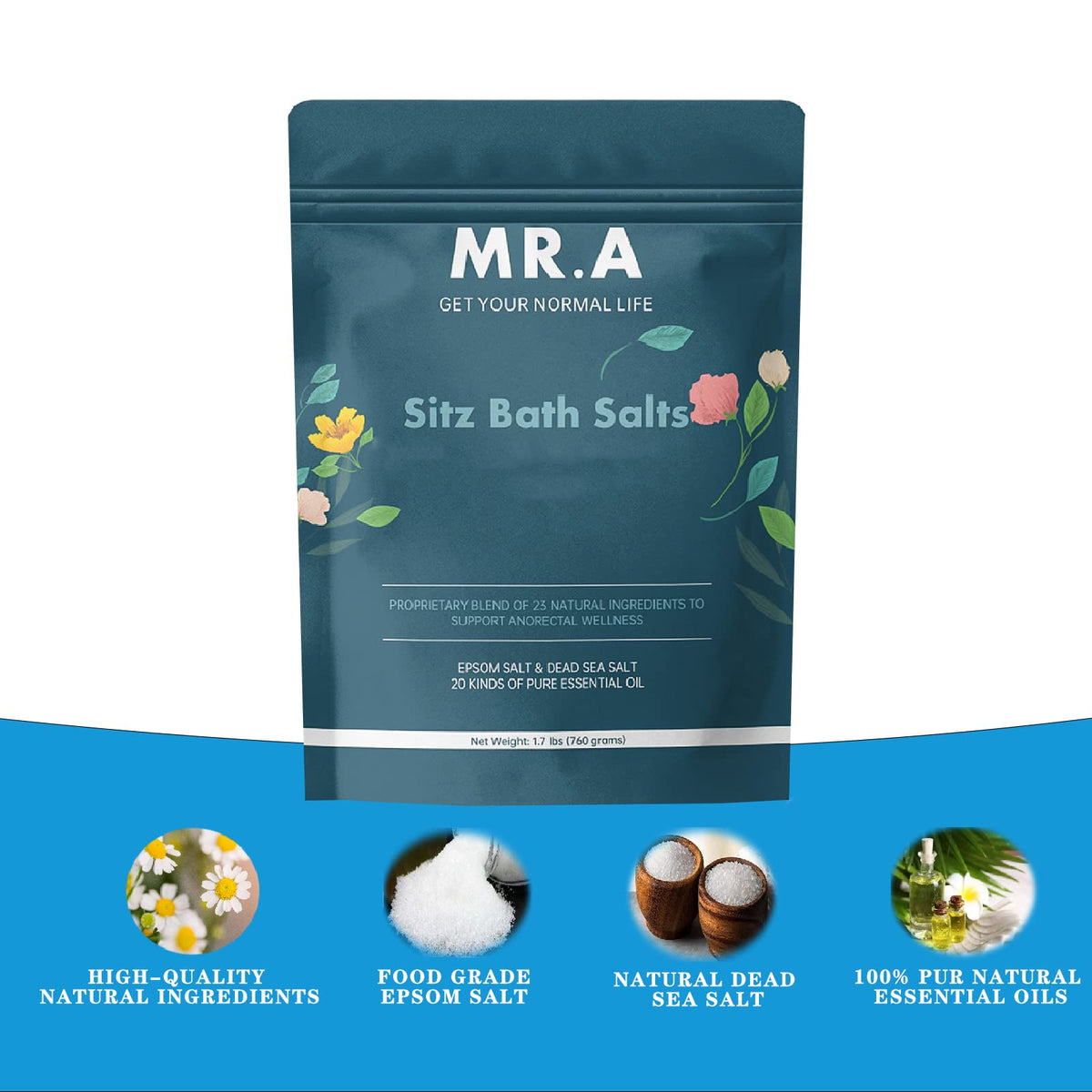 MR.A Sitz Bath Salts packaging with two BPA-free pouches for freshness.